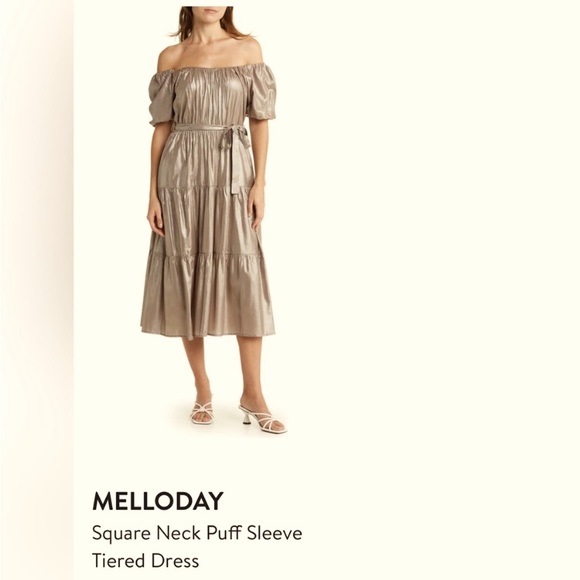 MELLODAY Dresses & Skirts - Melloday Bronze Square Neck Tiered Dress Puffed Sleeves Sz L NWT MSRP: $250